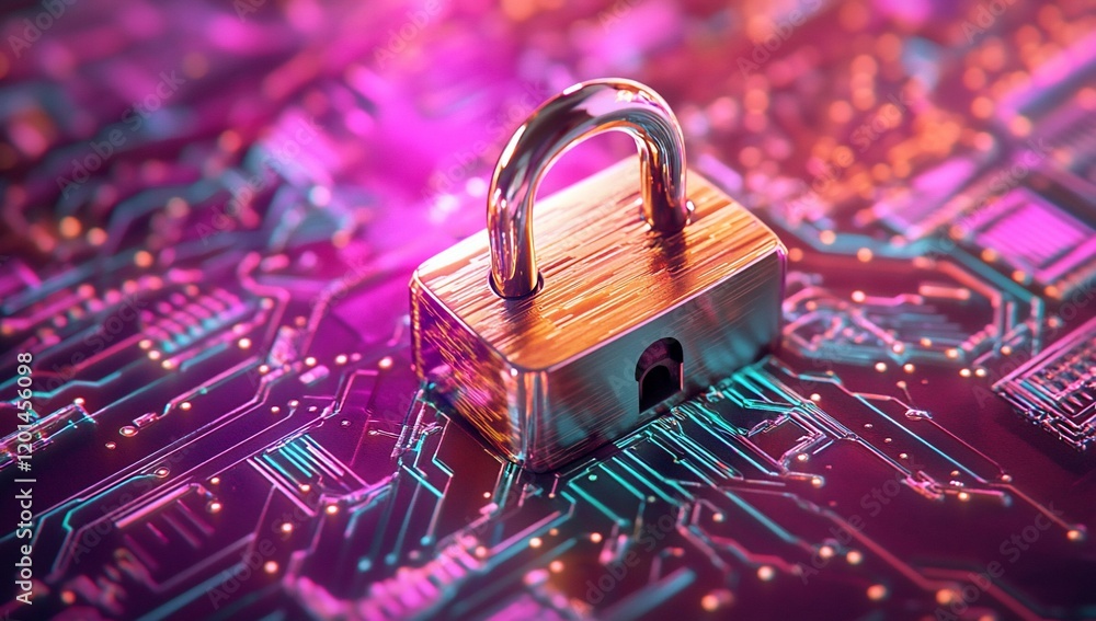 Poster Secure Data Protection Padlock on Vibrant Circuit Board Cybersecurity Concept