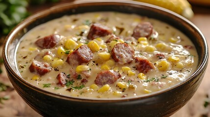 Creamy Chowder with Smoked Sausage and Corn in a Cozy Bowl