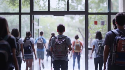 Students exiting school building, sunny day