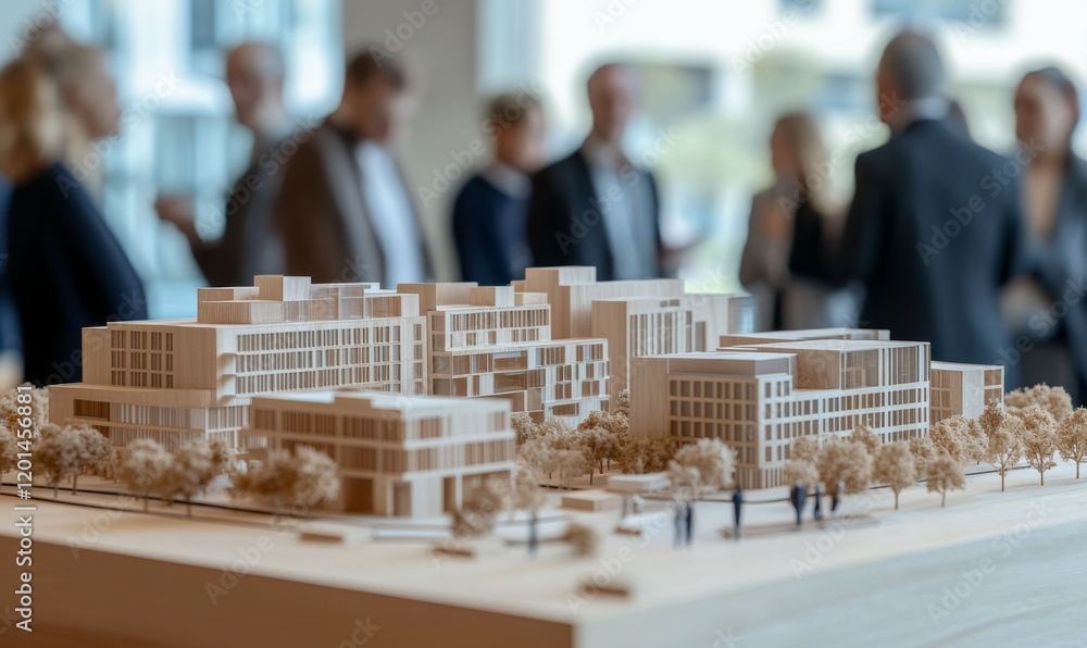 Wall mural a model of an urban development with multiple buildings on a table. people in suits around it lookin