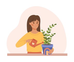 Woman is watering plant. Female character is taking care of plants. 