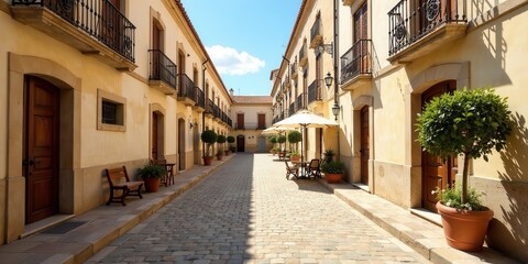 Fototapeta premium Sun-drenched cobblestone pathway between aged buildings, featuring ornate balconies, potted greenery, and outdoor cafe seating.