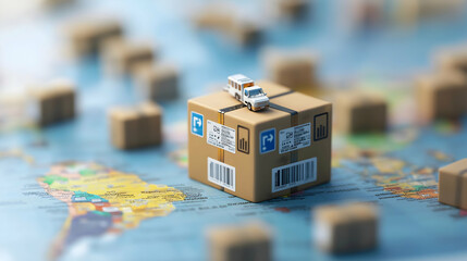 A small delivery truck sits atop a cardboard box on a world map, symbolizing global shipping and logistics.
