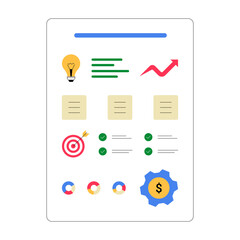 Business Report With Charts, Graphs, And Financial Symbols In Flat Vector Illustration Symbolizing Analytics, Goals, And Achievements, Isolated On White Background.