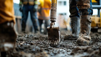 Naklejka premium Workers digging and shoveling on a construction site, creating a vivid artistic portrayal of teamwork and physical effort in urban development. Generative AI
