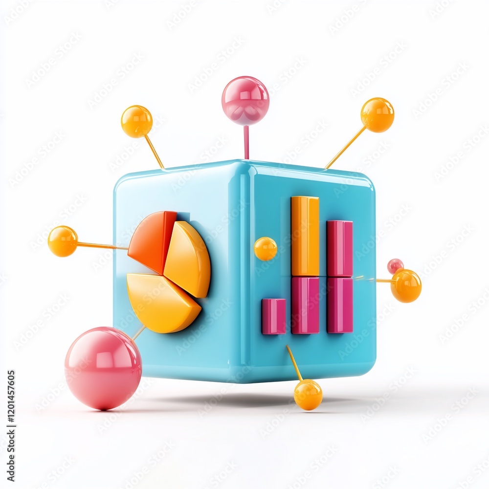 Aufkleber Colorful 3D Cube with Pie Chart Bar Graph Data Visualization Business Analytics