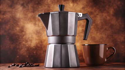 Top view Italian coffee maker pot and coffee beans, background