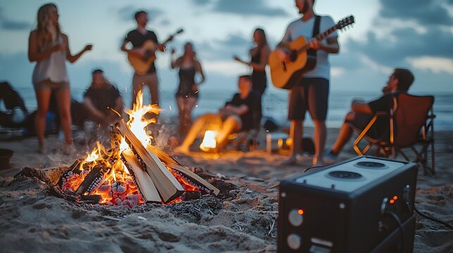Vibrant Gathering of Friends Celebrating Around Beach Bonfire with Music