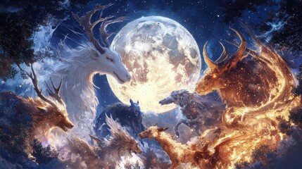 Mythical creatures celebration under full moon in enchanted glade artistic representation nighttime fantasy magical gathering