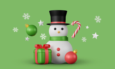 3d Snowman with decorative elements. Happy new year gifts with snow effect. Merry christmas background