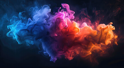 Fototapeta premium A colorful smoke swirling and billowing against black background. The smoke feature vibrant hues such as neon pink, and glowing yellow, blending seamlessly to create a mesmerizing gradient effect.