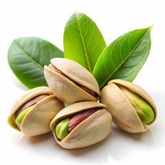 Fresh pistachios with their shells partially open, accompanied by vibrant green leaves,