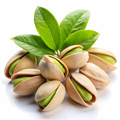 Fresh pistachios with their shells partially open, accompanied by vibrant green leaves,