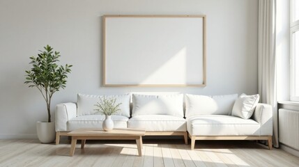 Serene Minimalist Living Room Design Featuring a Large Blank Canvas Above a Sectional Sofa and a Simple Coffee Table