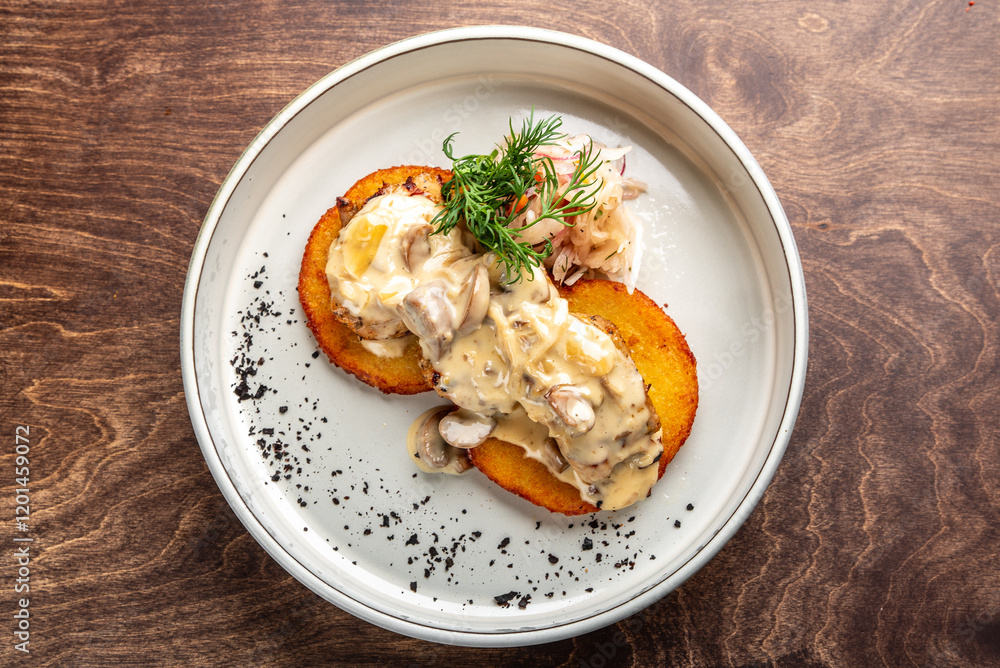 Wall mural A gourmet dish featuring two golden cornbread slices topped with creamy mushroom sauce, shredded chicken, and garnished with herbs. Presented on a minimalist white plate against a wooden background.