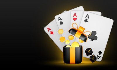 Casino Poker chips and plying cards open box falling coins. Casino plying card with poker chips