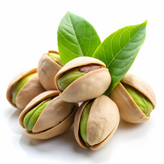 Fresh pistachios with their shells partially open, accompanied by vibrant green leaves,