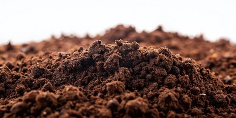Rich Dark Brown Soil Texture Close-Up, Vintage Photography Style, Isolated on White Background