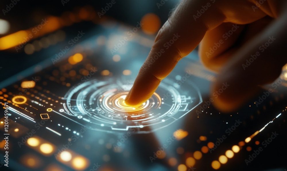 Aufkleber ai at your fingertips: a close-up shot of a hand interacting with a futuristic ai interface, symboli