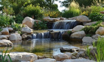 Naklejka premium A serene pond nestled among rugged rocks with a waterfall cascading in the background, untouched, flow, rocks, cascade, landscape