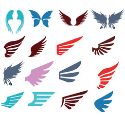 Colored wings icons on transparent background. Line style. Angel wings icon vector set. Eagle, bird, heraldic, flying, falcon, phoenix, hawk logo
