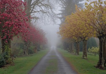 Fototapeta premium Misty autumn road lined with colorful trees.