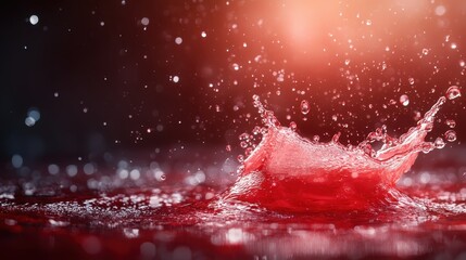This striking image captures the moment a vibrant red liquid splashes, creating an enchanting visual effect filled with droplets and an artistic sense of motion and flow.
