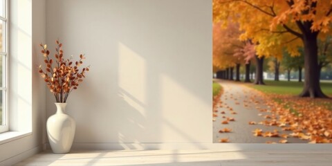 Autumnal interior design scene featuring a simple white vase with dried foliage, next to a wall showcasing a blurred autumnal landscape image.