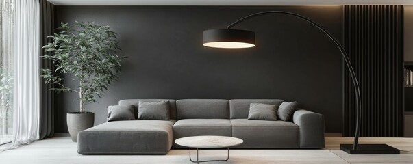 Modern minimalist living room with gray sofa and floor lamp in natural light.