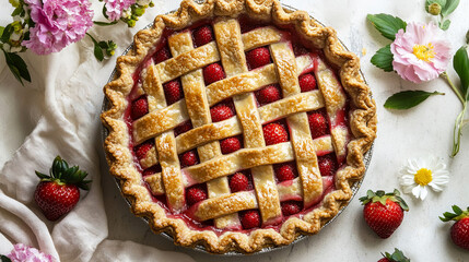 A beautifully crafted strawberry pie with a golden lattice crust resting on a soft fabric