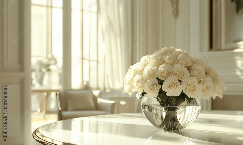 Aufkleber a vase filled with white roses sits serenely on an empty white table adding a touch of elegance and 