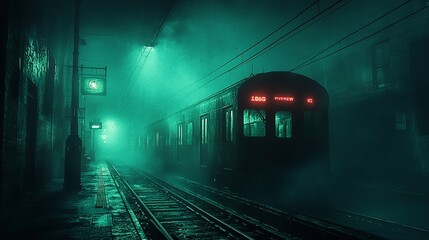 Foggy night at an eerie train station.