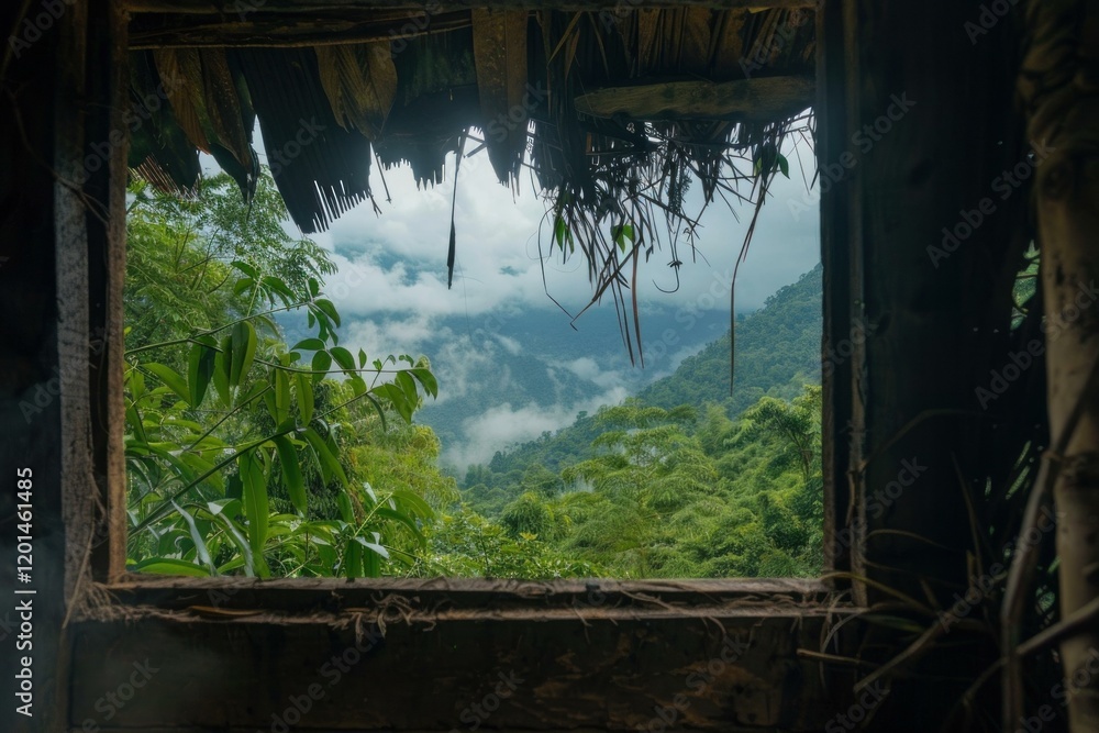Poster view of a vibrant green jungle landscape with low clouds through the dilapidated window frame of an 