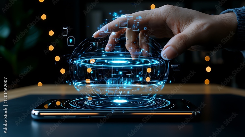 Poster hand interacts with digital sphere on phone, bokeh background; tech concept