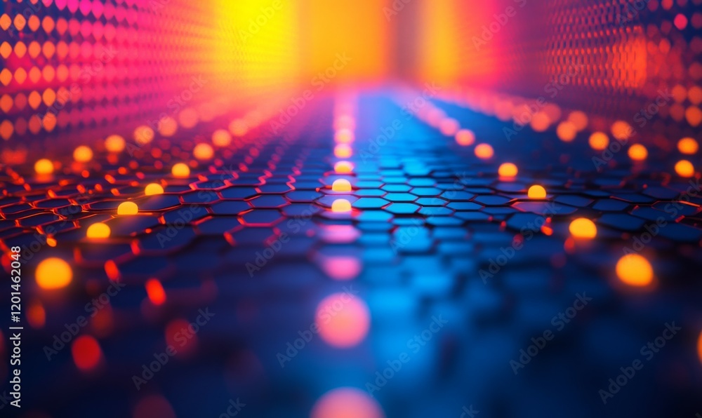 Poster abstract hexagonal pattern with neon lights and bokeh