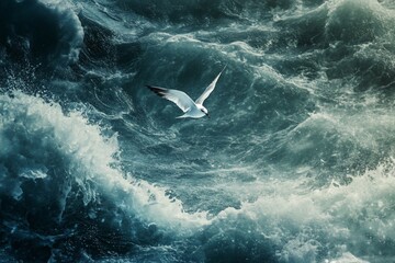 Obraz premium A lone seagull soars above a turbulent ocean, its wings cutting through the powerful waves.