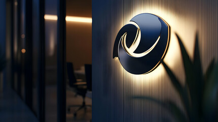 A logo mockup displayed on an office wall at night, with a glossy