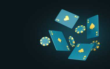 Flying Gold and purple poker chips token dices 3D render. Casino Background, Poker chips and dices