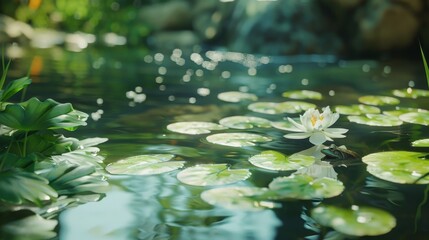 A serene pond scene featuring water lilies and gentle reflections in a tranquil environment.