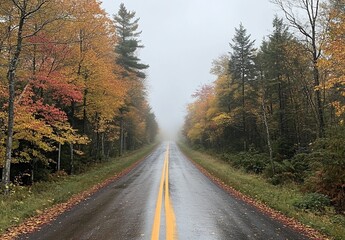 Fototapeta premium Misty autumn road lined with colorful trees. (1)
