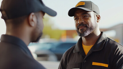 Obraz premium Station attendant provides assistance with directions to a traveler in a busy transport hub during daylight hours