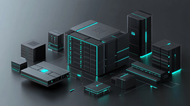 Advanced decentralized storage system concept rendered black granite futuristic digital cutting-edge data center glowing teal modular server design cube net grid circuit web domain security memory