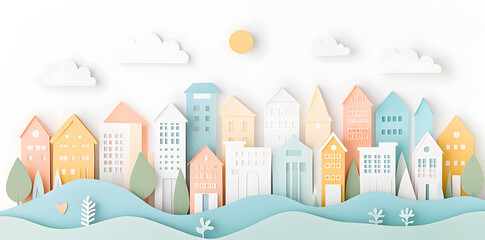 Fototapeta premium City made from paper cut buildings, pastel colors illustration