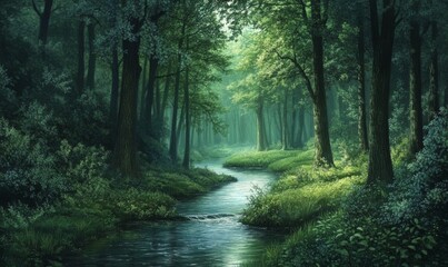 A tranquil forest river winding its way through tall trees, untouched, green, remote location