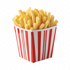 abstract 3d crispy French fries in striped container or red bucket isolated on white background