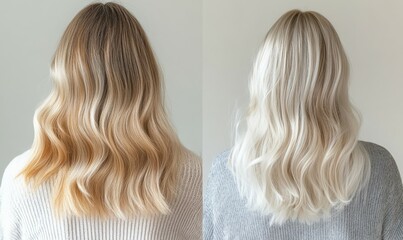 Fototapeta premium Blonde hair before and after, back view woman