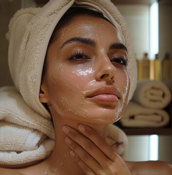 An middle eastern woman is taking facials treatments in a spa hairs are covered by towel and his putting on a wardrobe or tower.