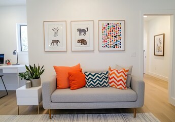 A stylish gray sofa with colorful chevron-patterned cushions, placed in front of an empty white wall adorned with minimalist framed artwork and plants, creating a modern living room decor.