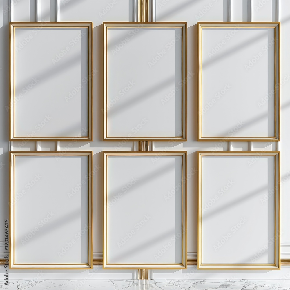Aufkleber a set of six blank picture frames on the wall, each frame is white with thin gold trim around it, si