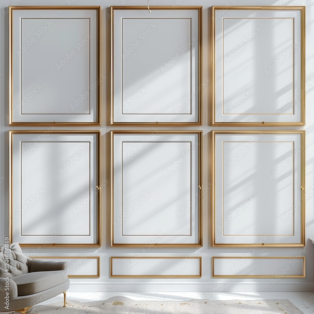 Aufkleber a set of six blank picture frames on the wall, each frame is white with thin gold trim around it, si
